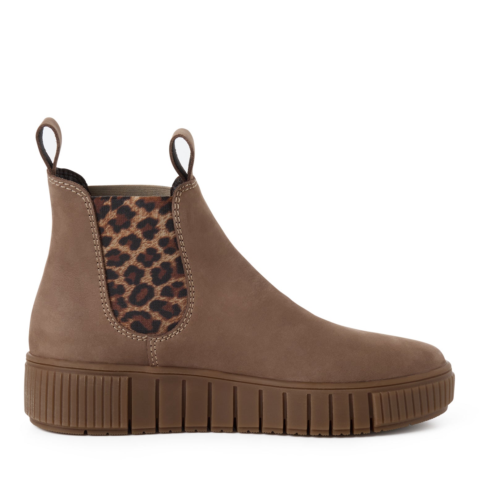 Inner side of the taupe leopard Tamaris Chelsea boot showing the elastic side panel and low heel.