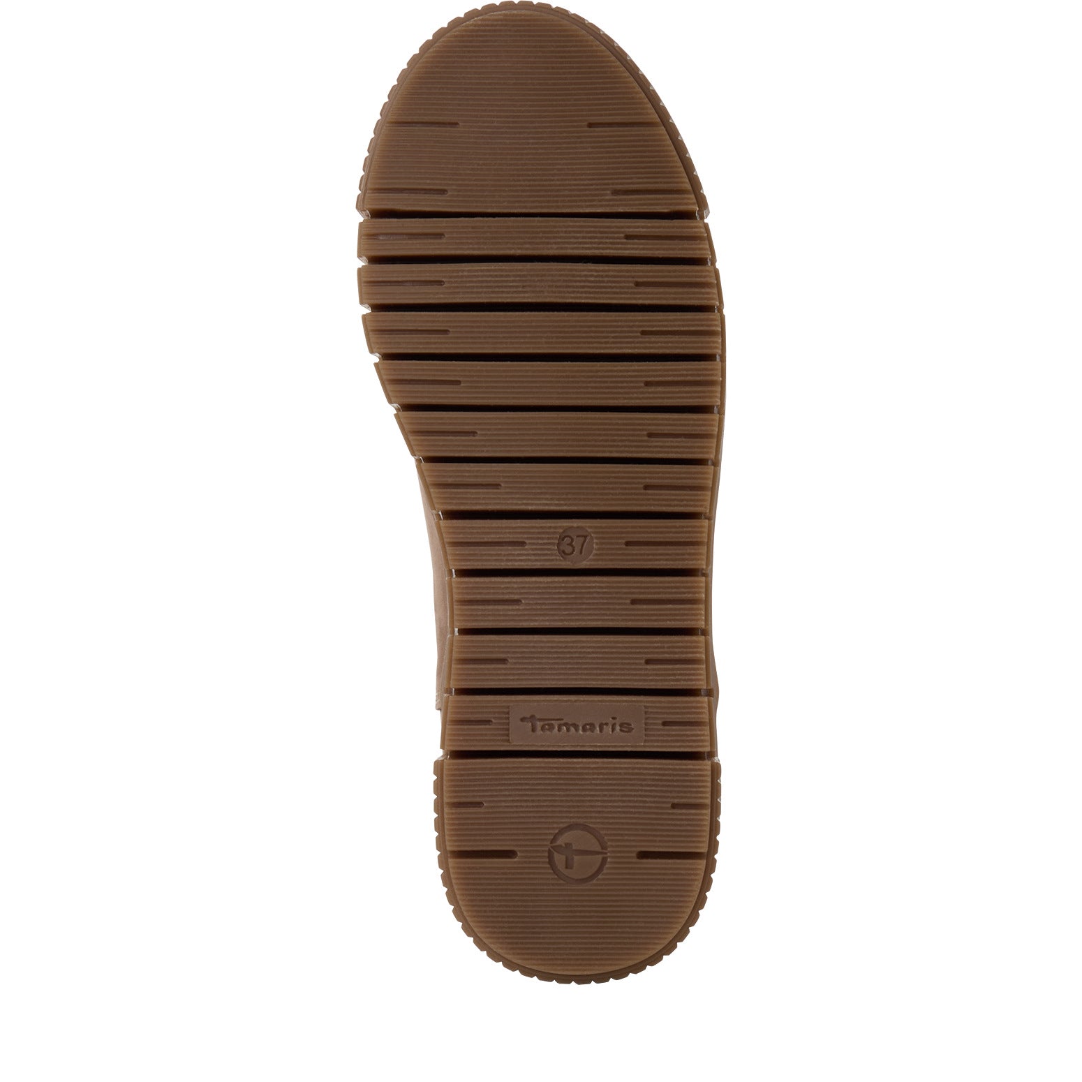 Underside of the taupe leopard Tamaris Chelsea boot showing the sole and tread pattern.