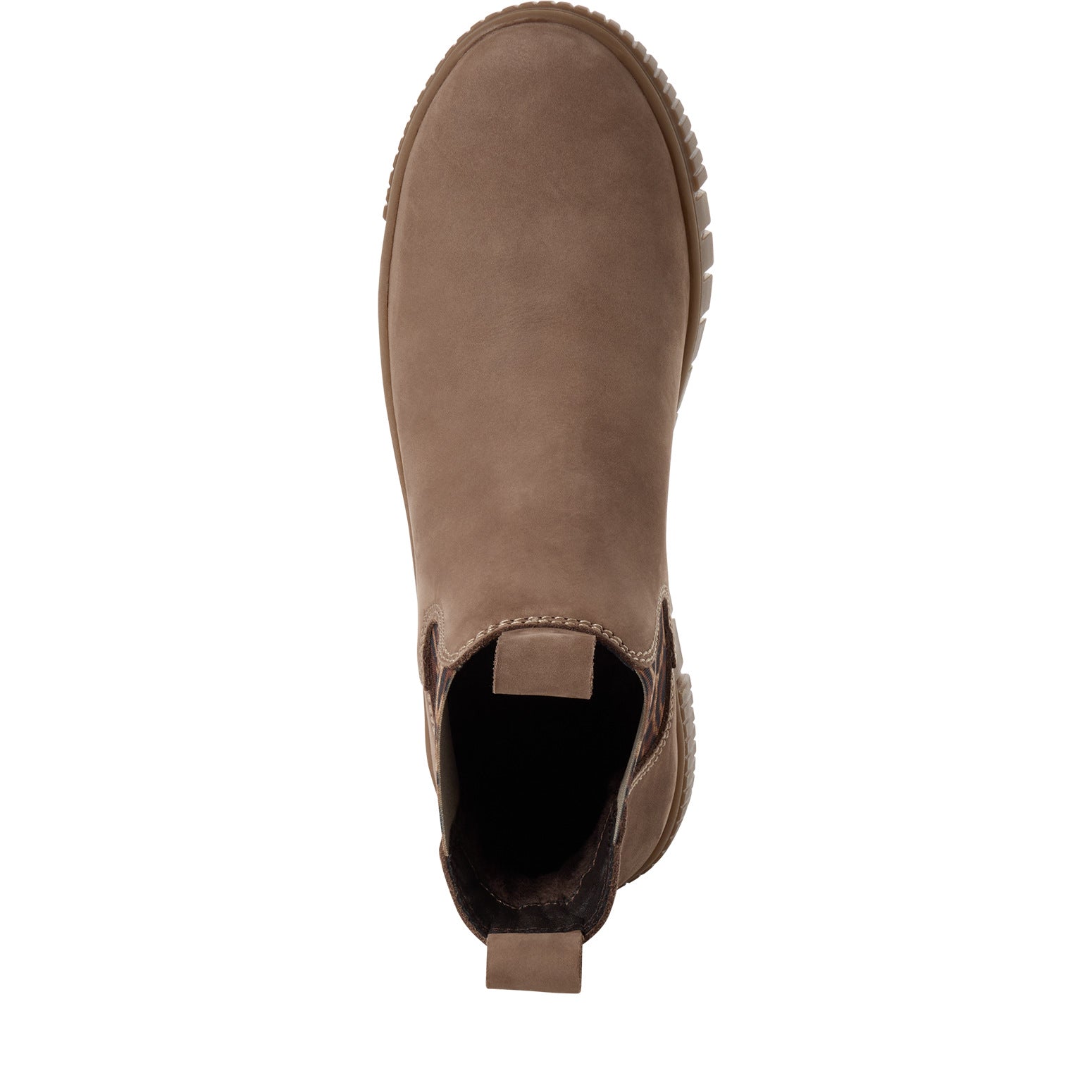 Top view of the taupe leopard Tamaris Chelsea boot showing the elastic panels, toe shape and ankle opening.