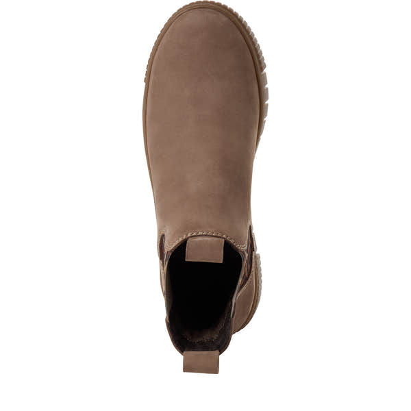 Top view of the taupe leopard Tamaris Chelsea boot showing the elastic panels, toe shape and ankle opening.