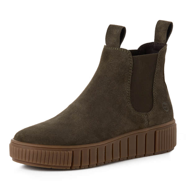 Tamaris women's olive suede leather Chelsea ankle boot, front three-quarter view.