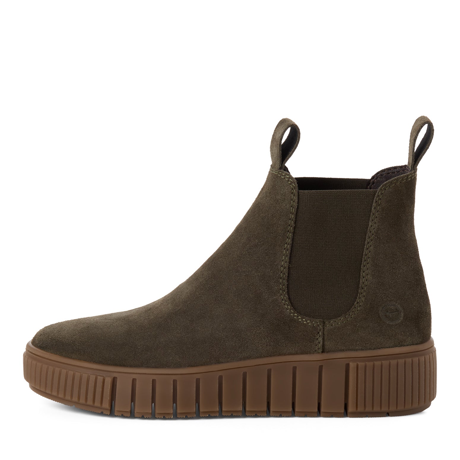 Outer side of the olive suede Tamaris Chelsea boot showing the suede leather upper, elastic panel and low heel.