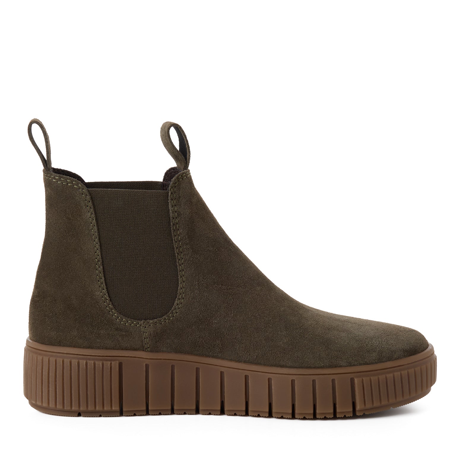 Inner side of the olive suede Tamaris Chelsea boot showing the elastic side panel and low heel.