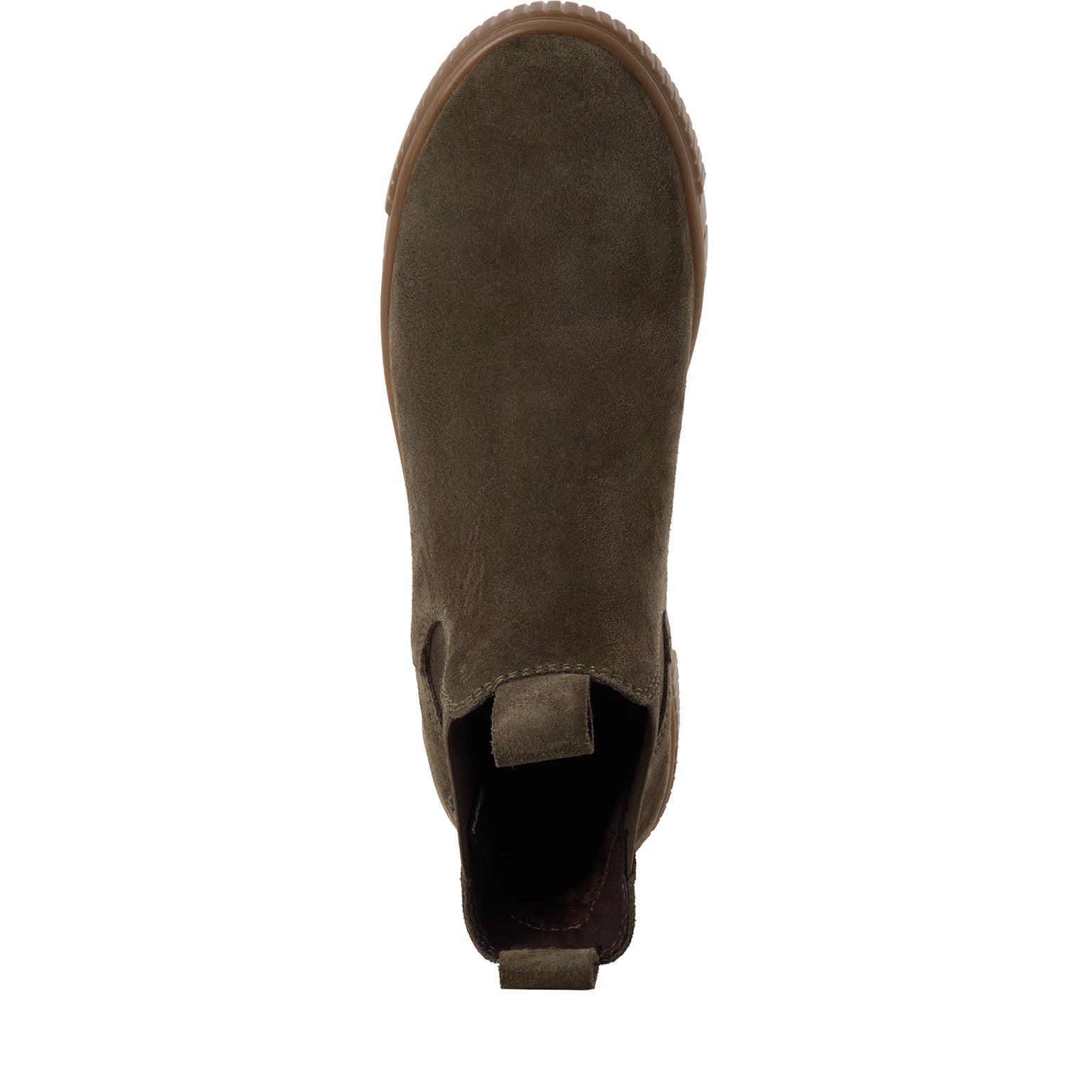 Top view of the olive suede Tamaris Chelsea boot showing the elastic panels, toe shape and ankle opening.