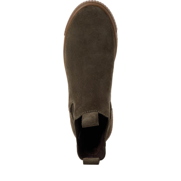 Top view of the olive suede Tamaris Chelsea boot showing the elastic panels, toe shape and ankle opening.