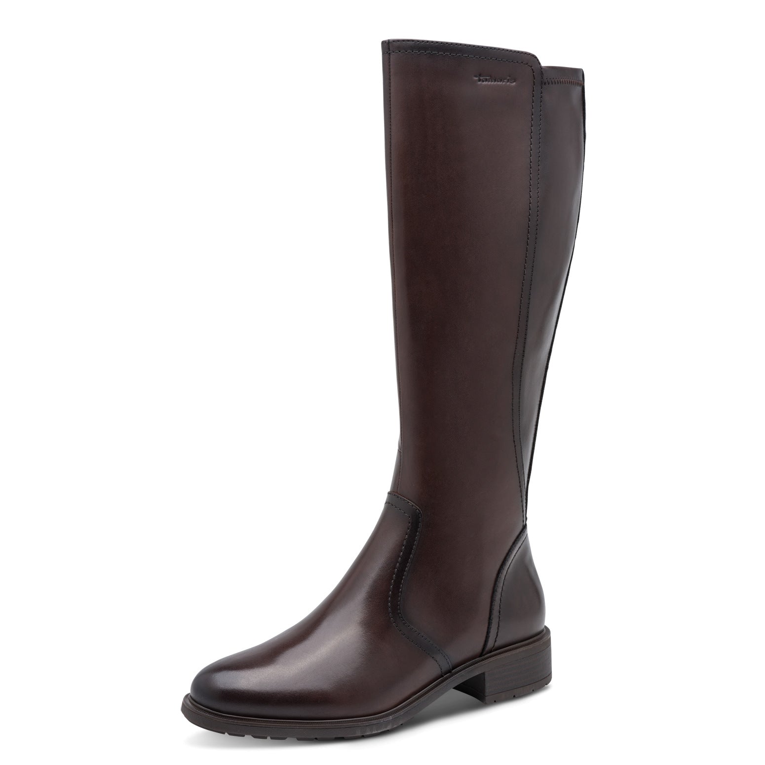 Tamaris women's mahogany brown combi leather side zip knee-high boot, front three-quarter view.