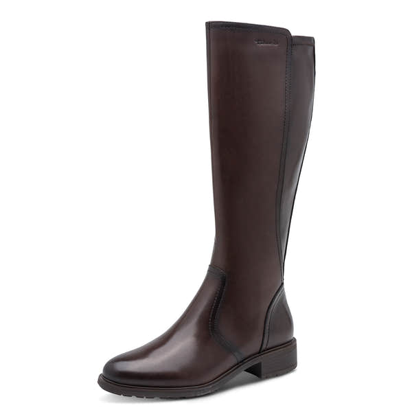 Tamaris women's mahogany brown combi leather side zip knee-high boot, front three-quarter view.