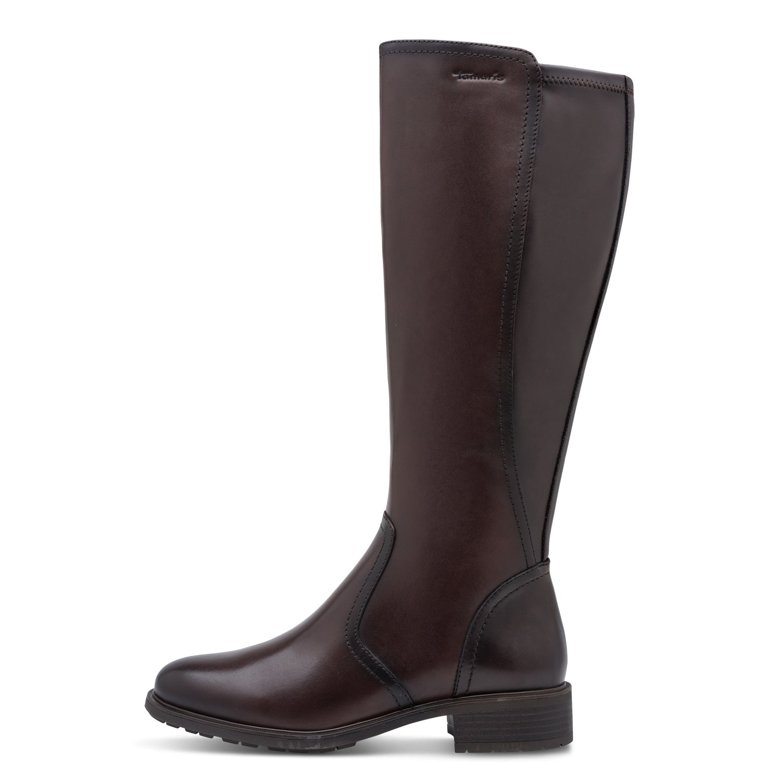 Outer side of the mahogany brown Tamaris knee-high boot showing the mixed leather shaft panels and heel.