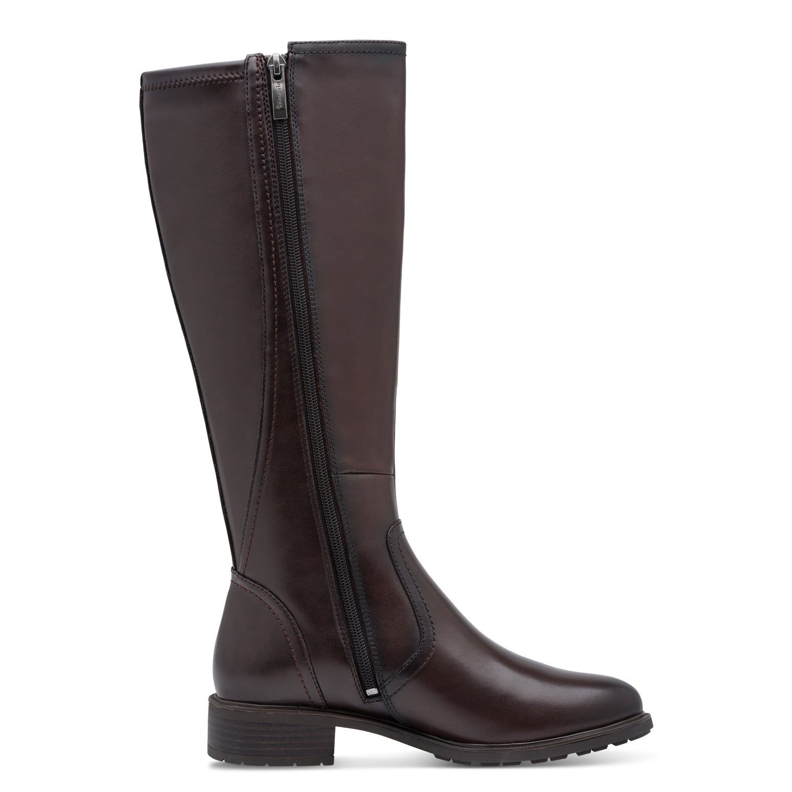 Inner side of the mahogany brown Tamaris knee-high boot showing the side zip, tall shaft and heel.