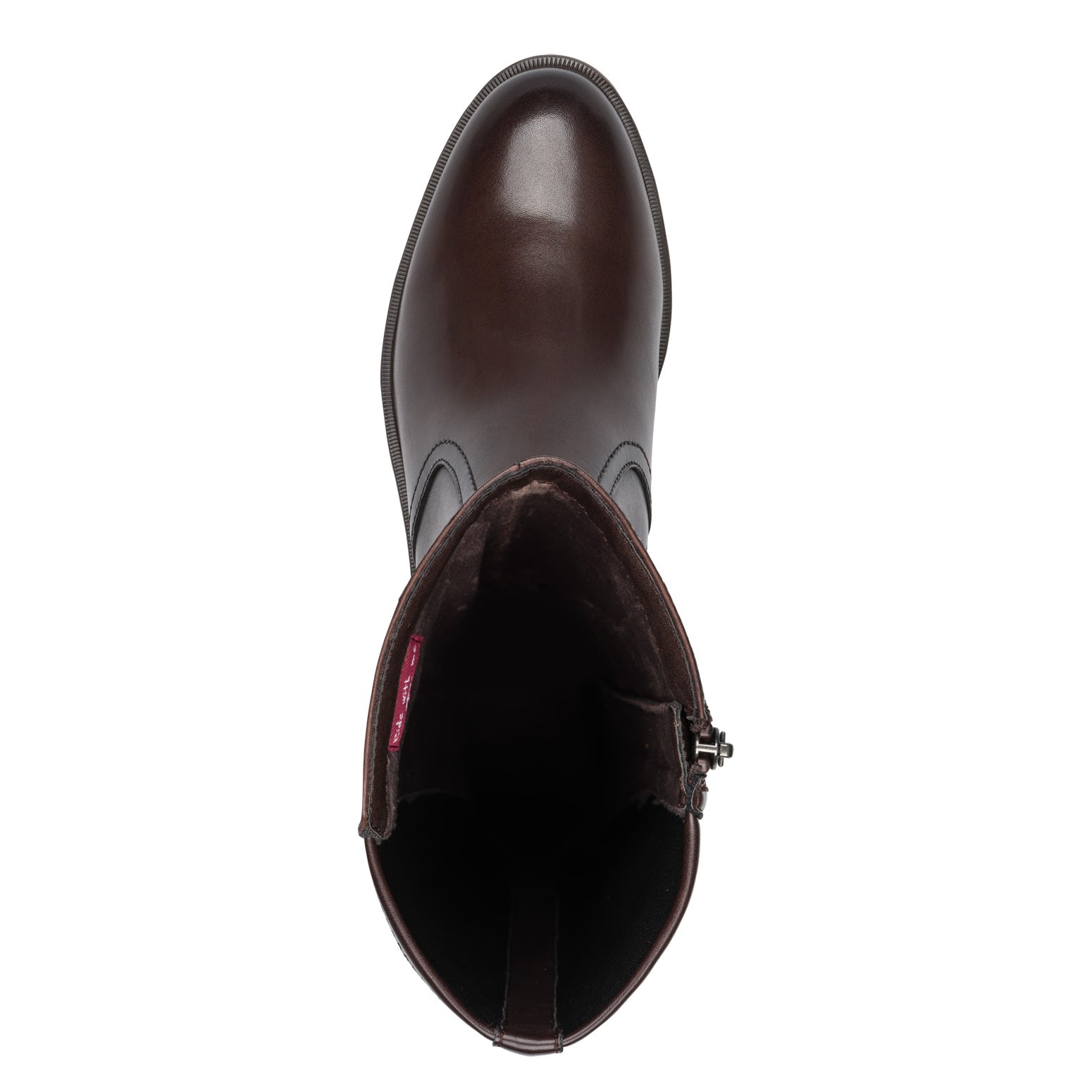 Underside of the mahogany brown Tamaris knee-high boot showing the sole and tread pattern.