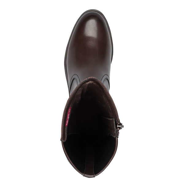 Underside of the mahogany brown Tamaris knee-high boot showing the sole and tread pattern.