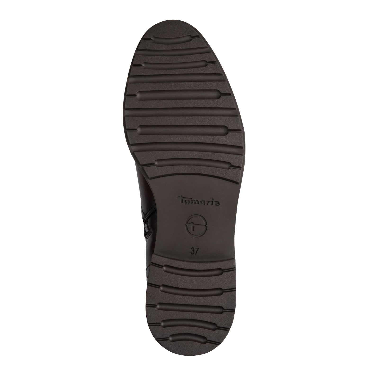 Top view of the mahogany brown Tamaris knee-high boot showing the toe shape, side zip and shaft opening.