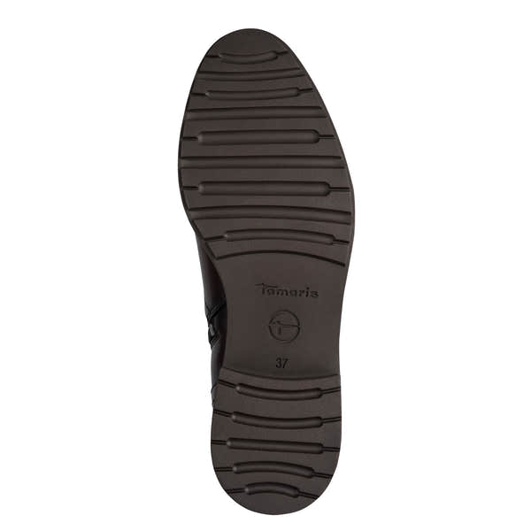 Top view of the mahogany brown Tamaris knee-high boot showing the toe shape, side zip and shaft opening.