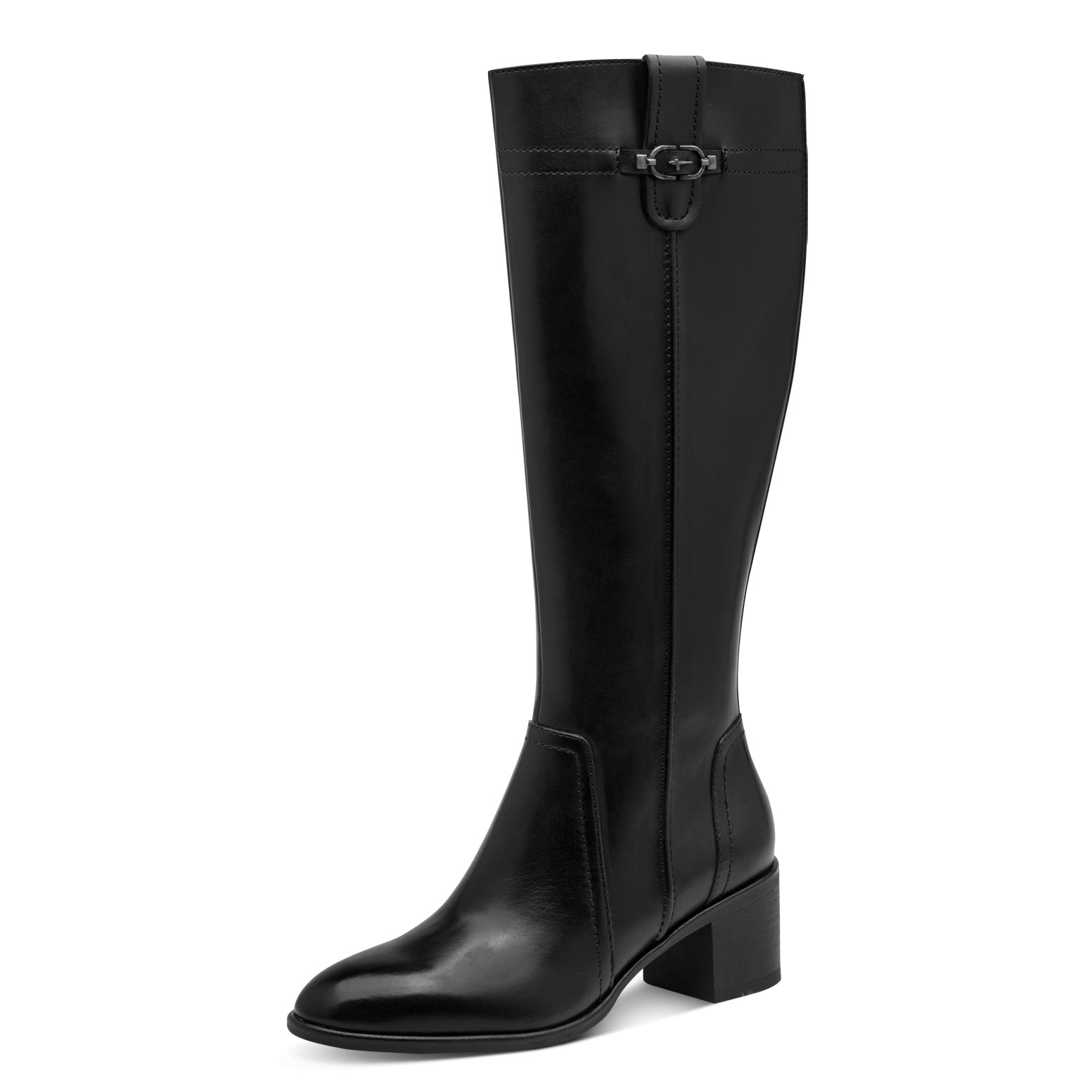 Tamaris women's black leather side zip knee-high boot with block heel, front three-quarter view.
