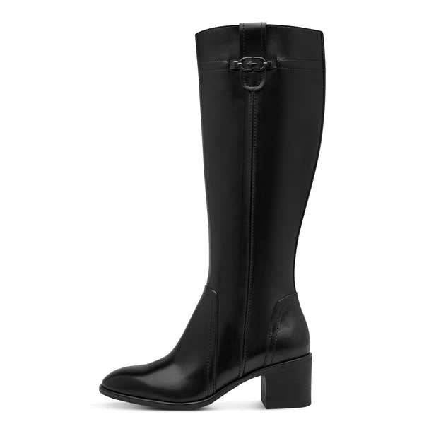 Outer side of the black Tamaris knee-high boot showing the leather shaft panels and block heel.