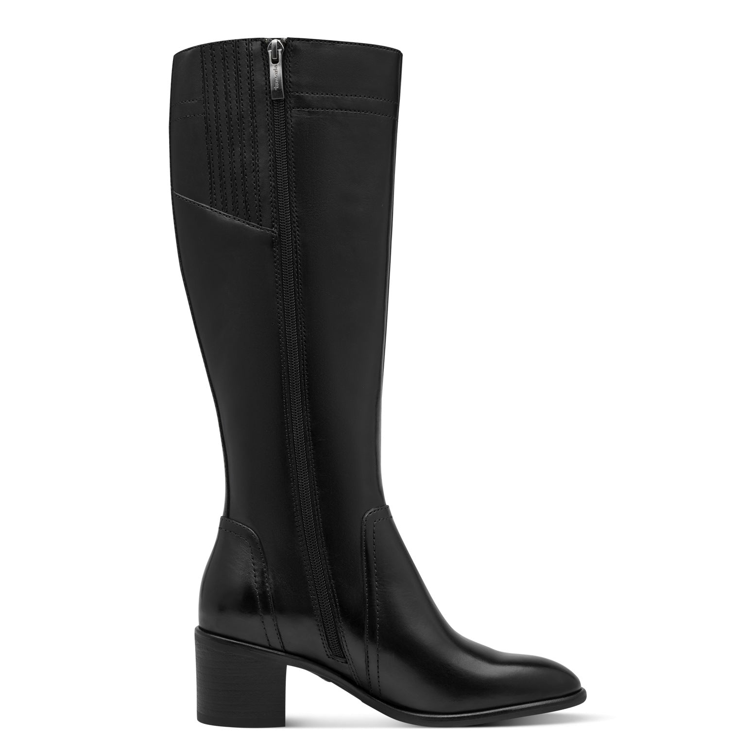 Inner side of the black Tamaris knee-high boot showing the side zip, tall shaft and block heel.