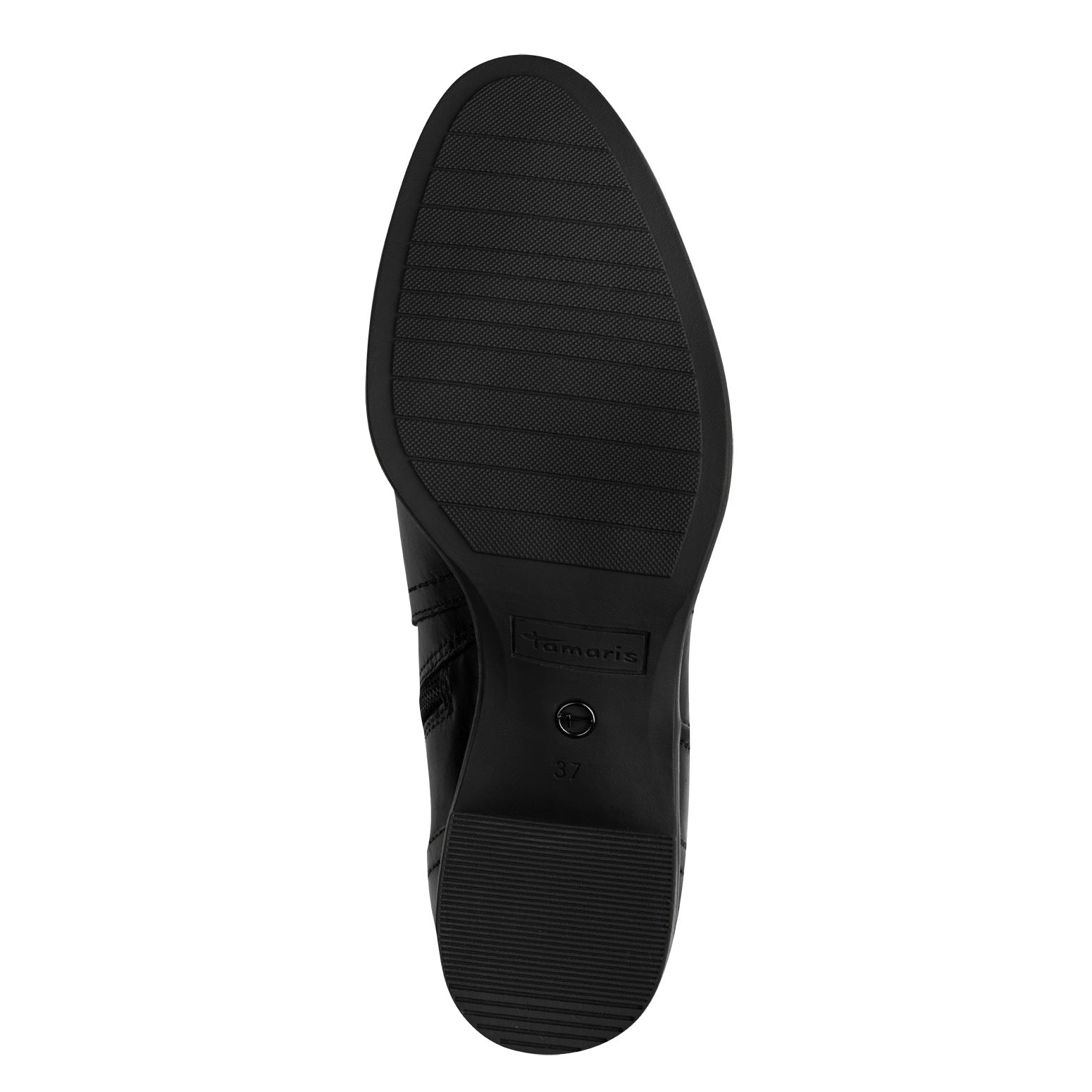Underside of the black Tamaris knee-high boot showing the sole and tread pattern.