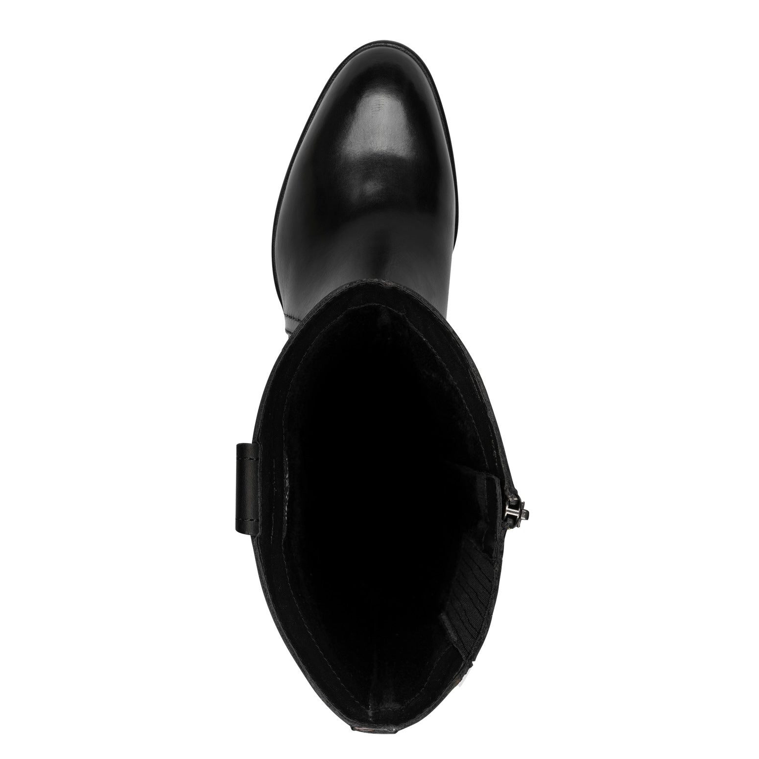 Top view of the black Tamaris knee-high boot showing the toe shape, side zip and shaft opening.