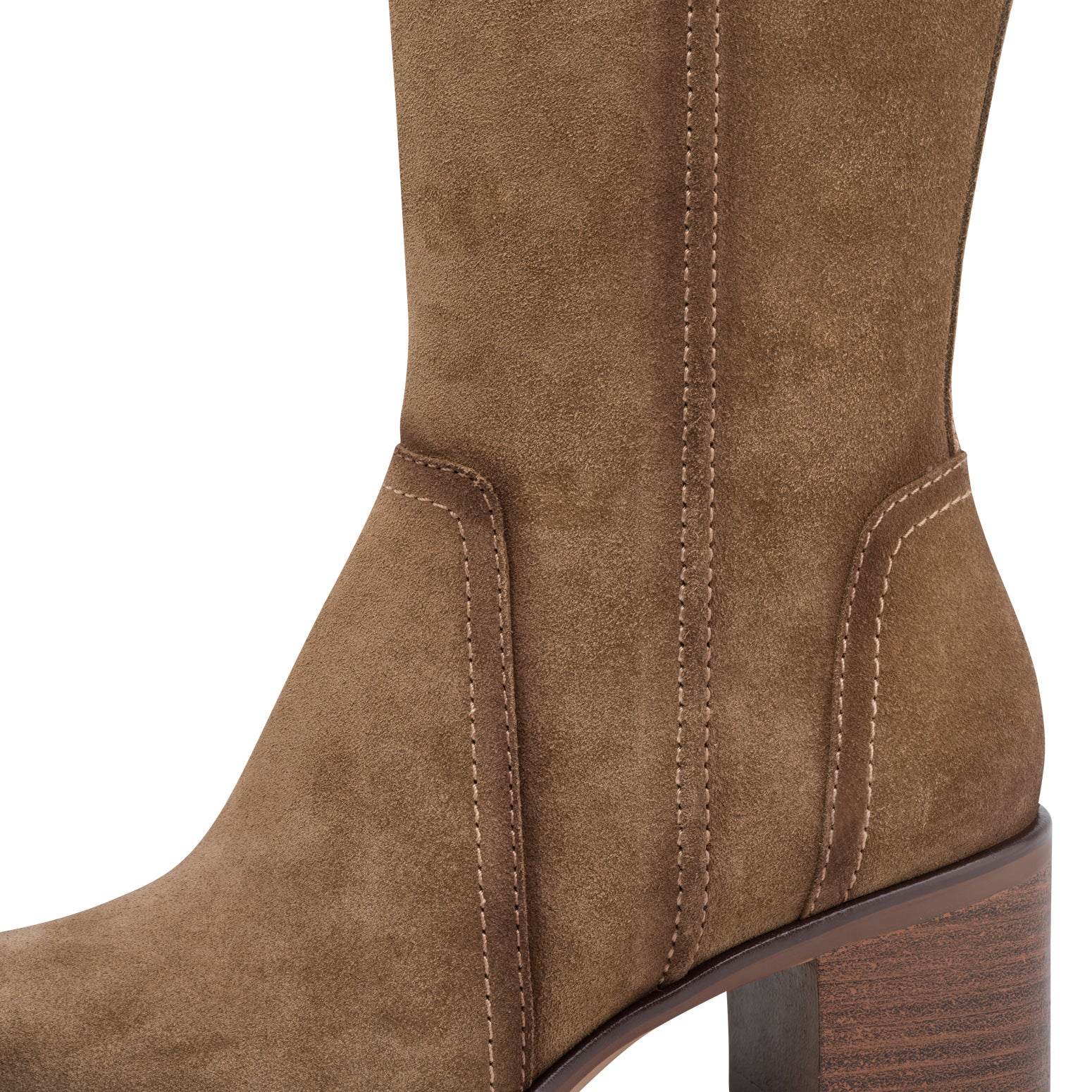 Close-up of the camel suede Tamaris knee-high boot showing the suede leather panels, stitching and block heel.