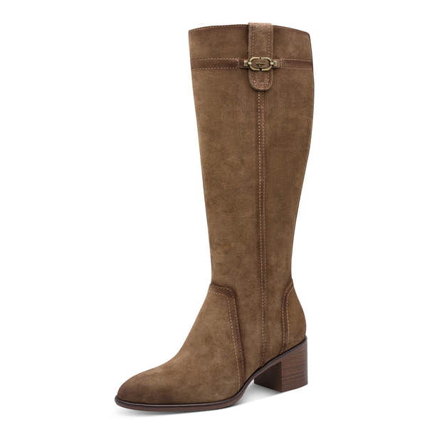 Tamaris women's camel suede leather side zip knee-high boot with block heel, front three-quarter view.