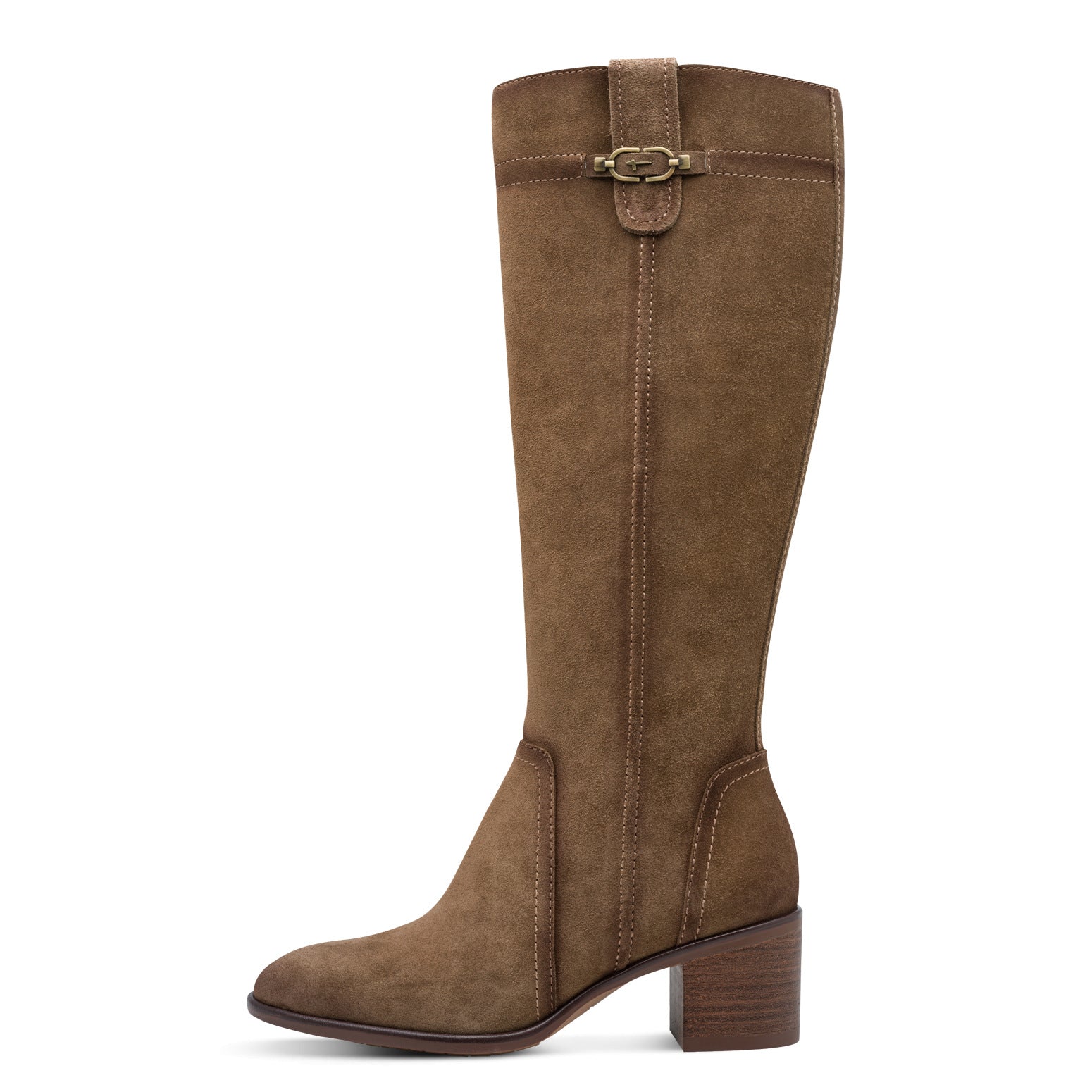 Outer side of the camel suede Tamaris knee-high boot showing the suede leather shaft panels and block heel.