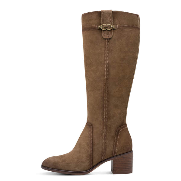 Outer side of the camel suede Tamaris knee-high boot showing the suede leather shaft panels and block heel.