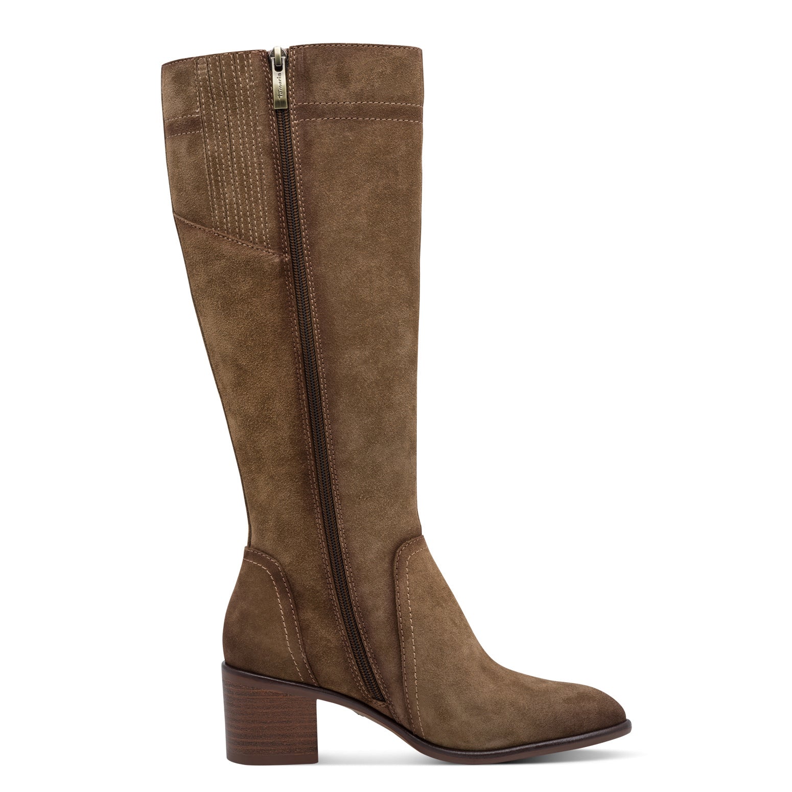 Inner side of the camel suede Tamaris knee-high boot showing the side zip, tall shaft and block heel.