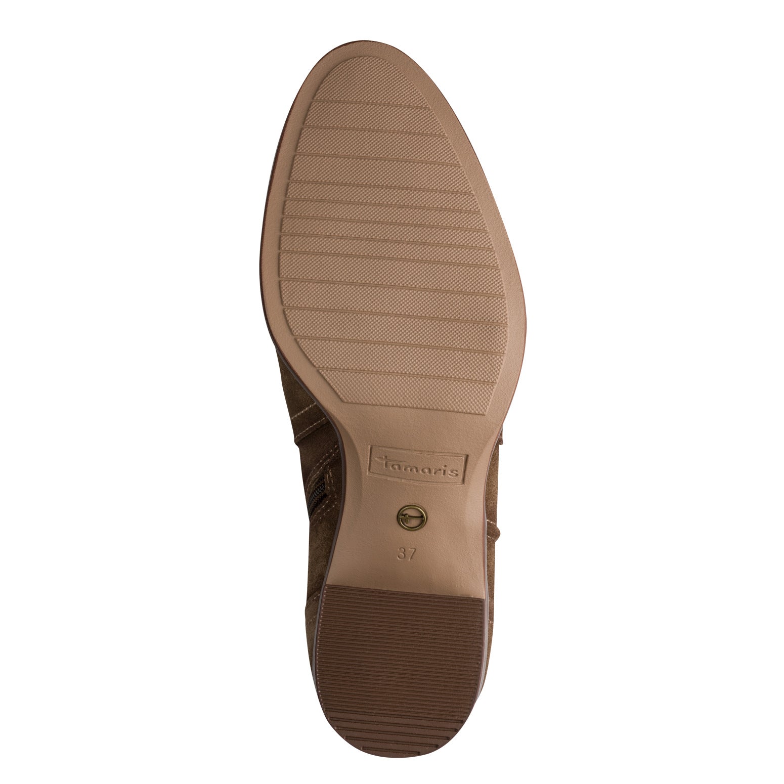 Underside of the camel suede Tamaris knee-high boot showing the sole and tread pattern.