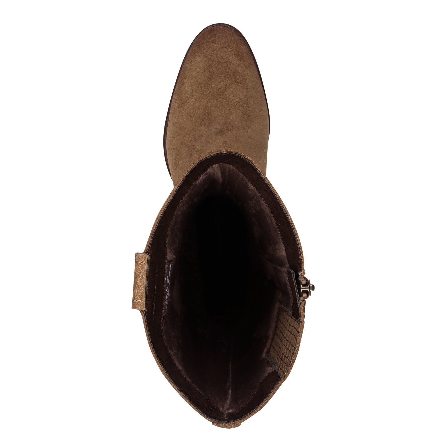 Top view of the camel suede Tamaris knee-high boot showing the toe shape, side zip and shaft opening.