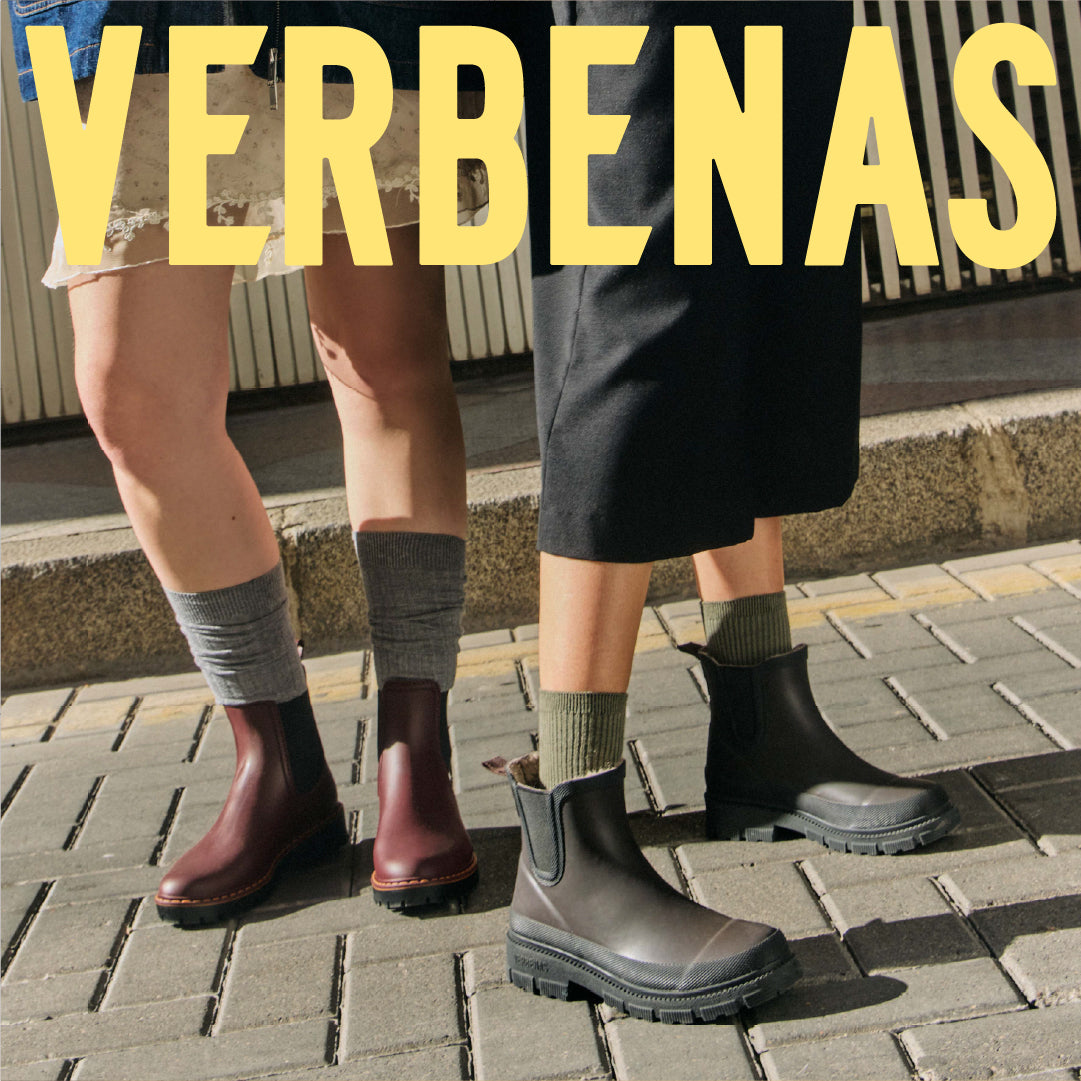 Verbenas Gaudi Countryside women's burgundy waterproof Chelsea boots in an AW26 street-style campaign image.
