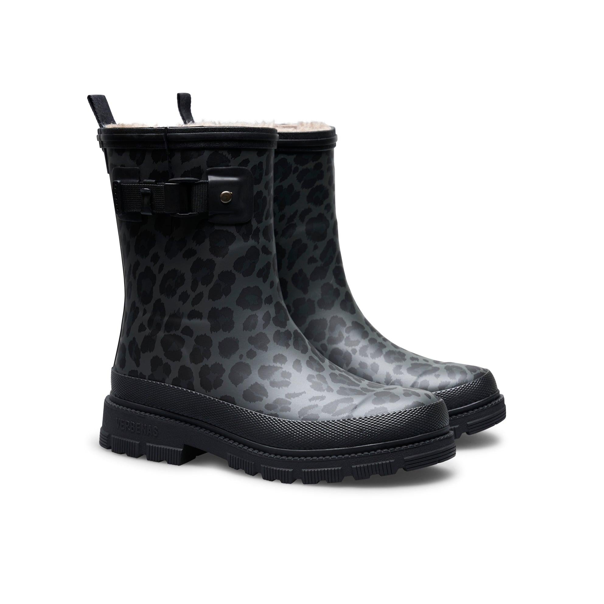 Verbenas Lina Fur Lined women's Black Leopard Print Waterproof Wellies, pair view.