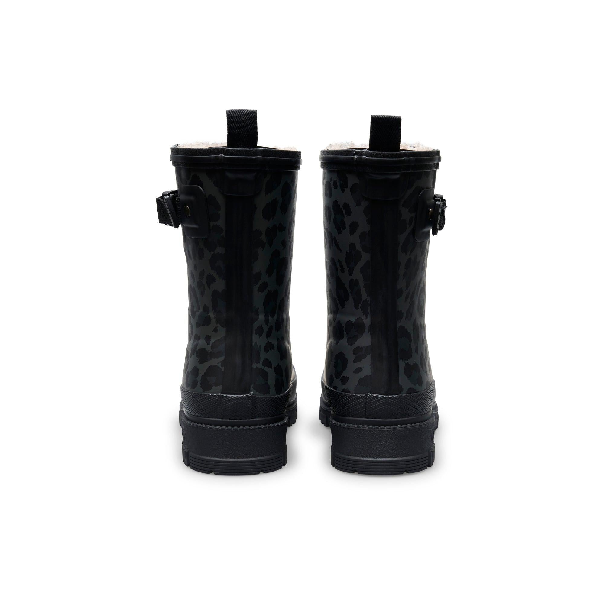 Verbenas Lina Fur Lined women's Black Leopard Print Waterproof Wellies, rear view.