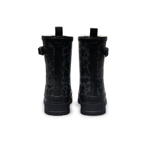 Verbenas Lina Fur Lined women's Black Leopard Print Waterproof Wellies, rear view.
