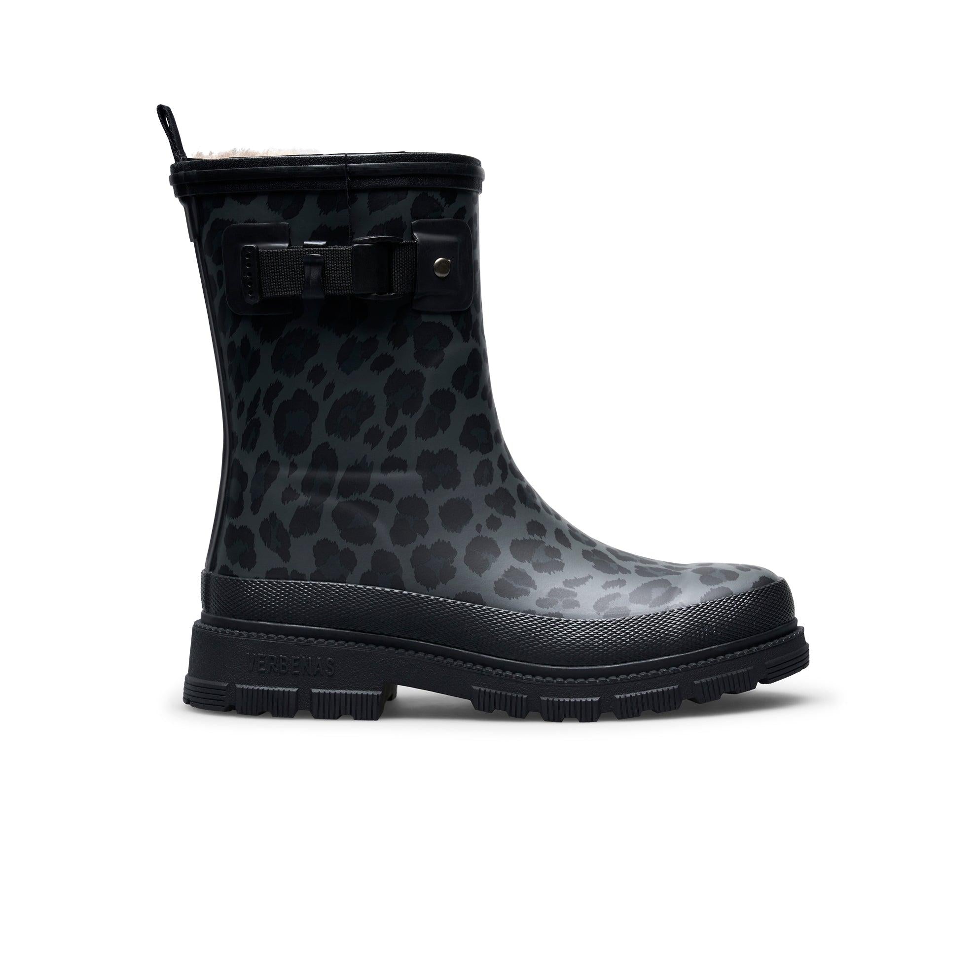 Verbenas Lina Fur Lined women's Black Leopard Print Waterproof Wellies, side view.