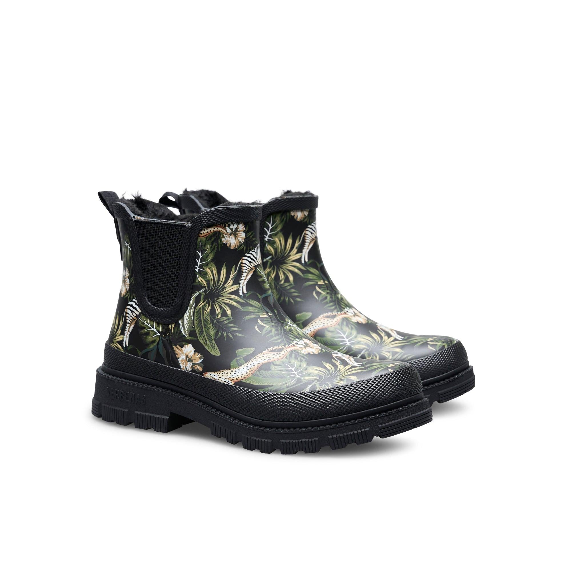 Verbenas Lua Fur Lined women's Black Jungle Print Waterproof Chelsea Boots, pair view.