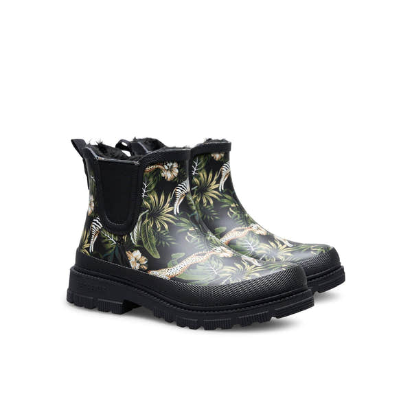 Verbenas Lua Fur Lined women's Black Jungle Print Waterproof Chelsea Boots, pair view.