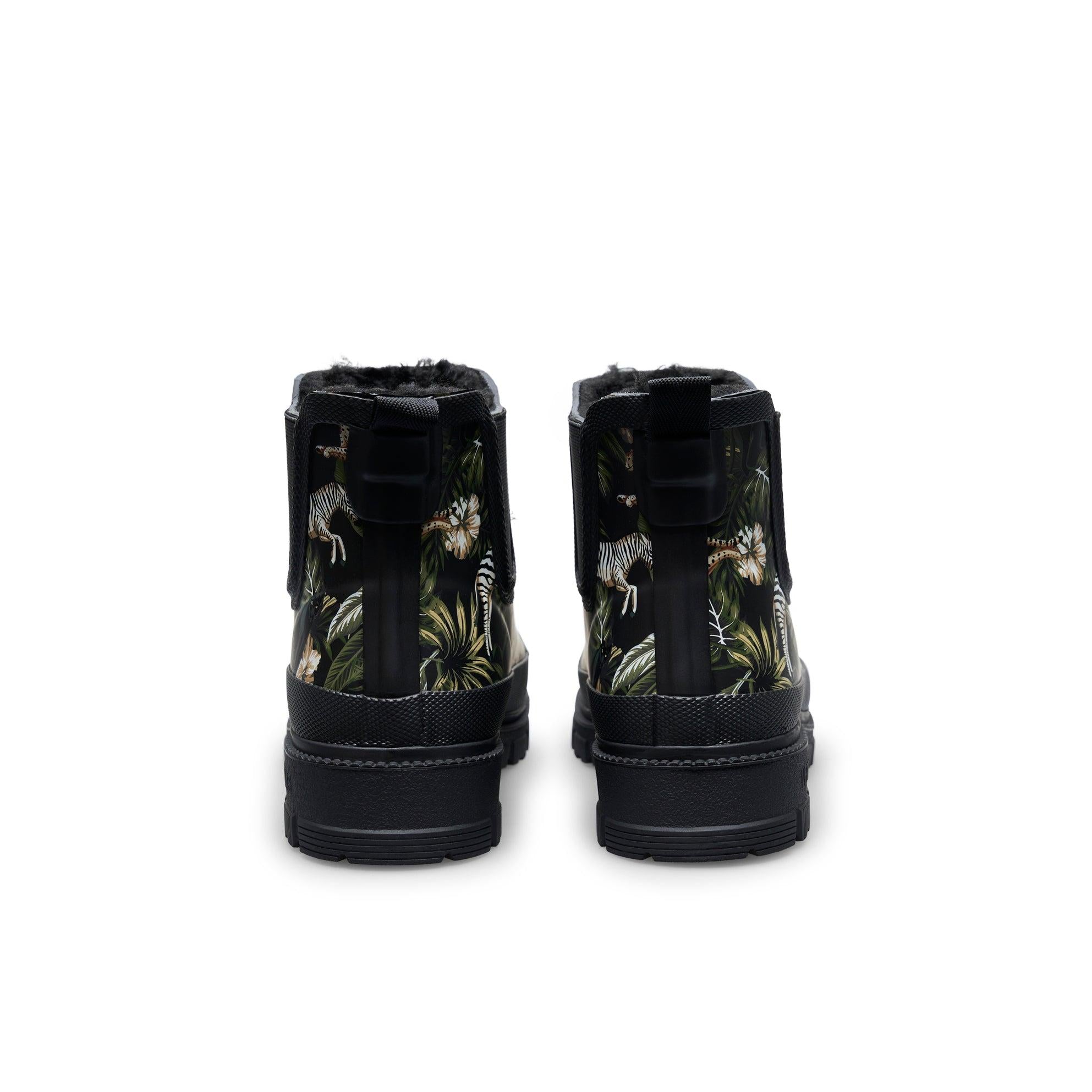 Verbenas Lua Fur Lined women's Black Jungle Print Waterproof Chelsea Boots, rear view.