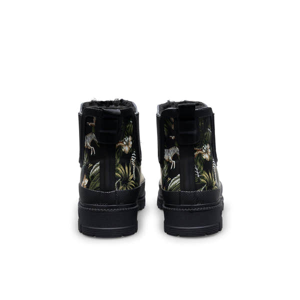 Verbenas Lua Fur Lined women's Black Jungle Print Waterproof Chelsea Boots, rear view.