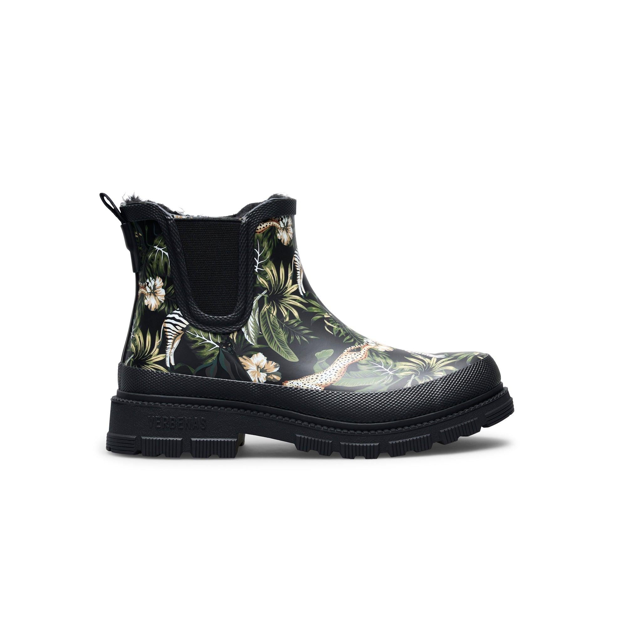 Verbenas Lua Fur Lined women's Black Jungle Print Waterproof Chelsea Boots, side view.