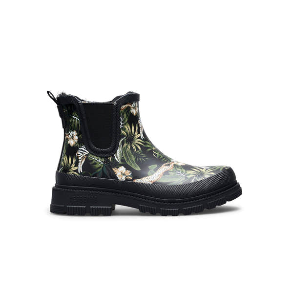 Verbenas Lua Fur Lined women's Black Jungle Print Waterproof Chelsea Boots, side view.