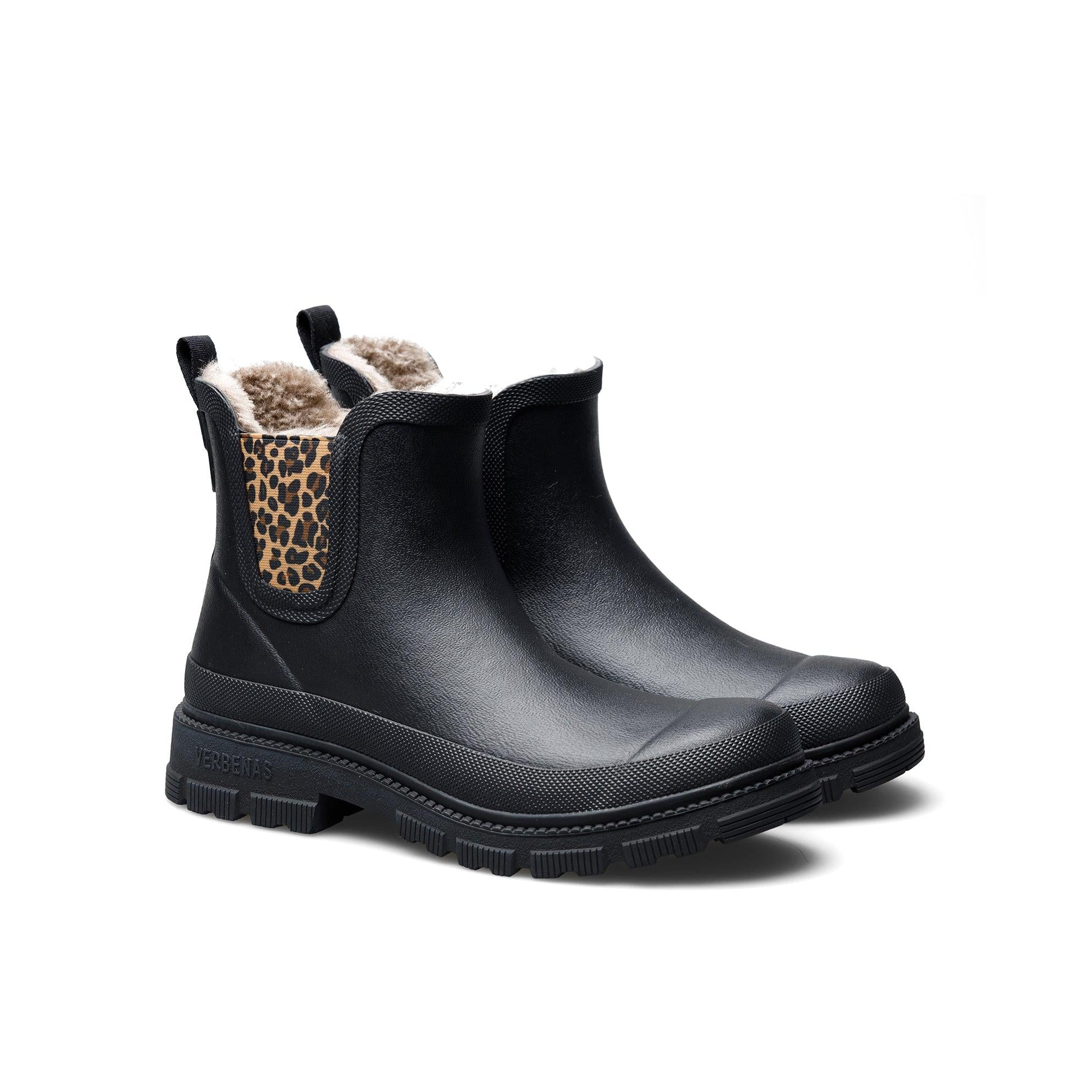 Verbenas Lua Fur Lined women's Black Waterproof Chelsea Boots with Leopard Print Gusset, pair view.