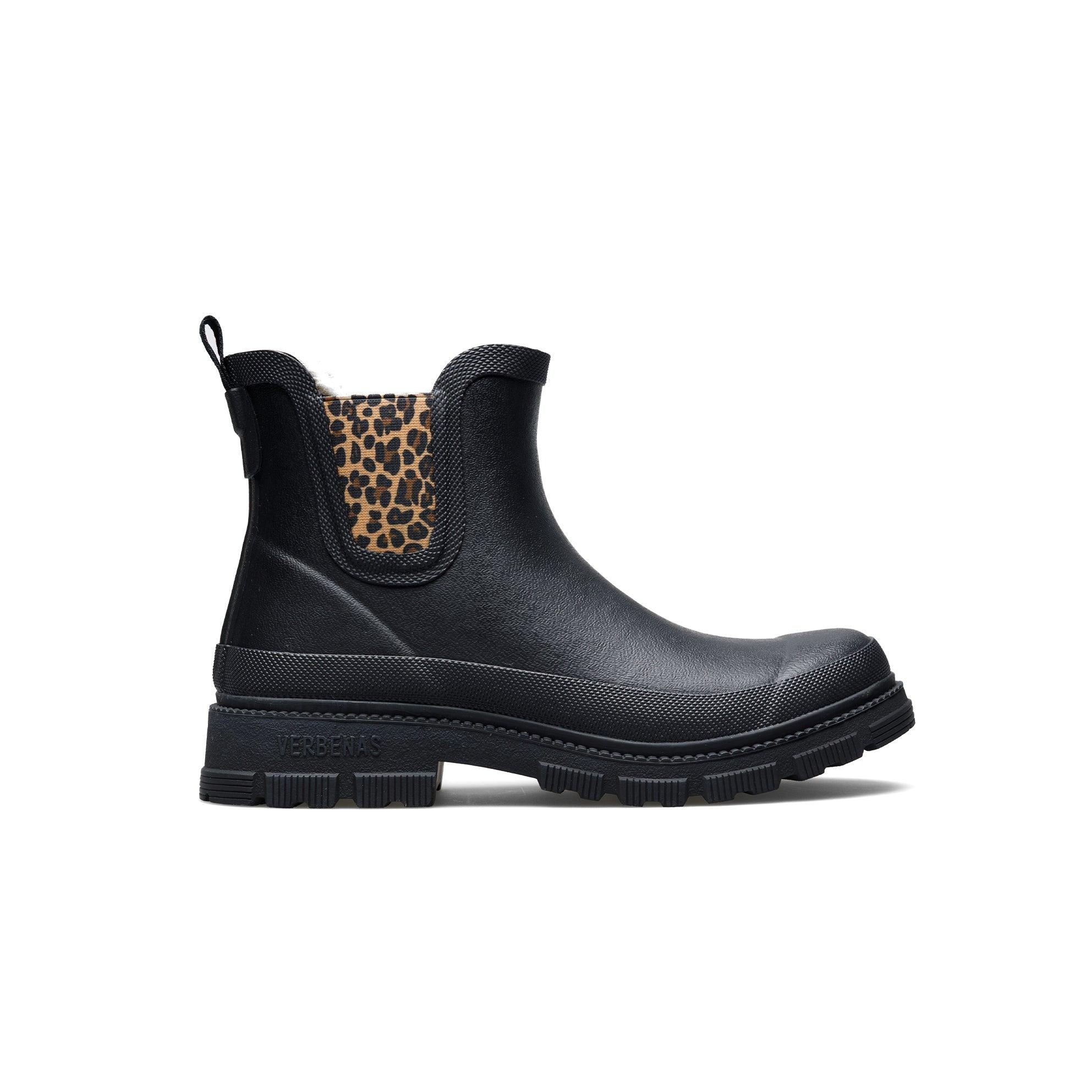 Verbenas Lua Fur Lined women's Black Waterproof Chelsea Boots with Leopard Print Gusset, side view.