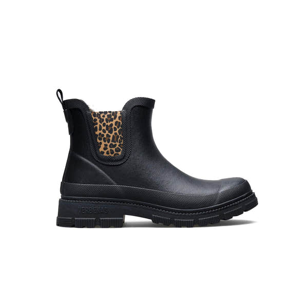 Verbenas Lua Fur Lined women's Black Waterproof Chelsea Boots with Leopard Print Gusset, side view.
