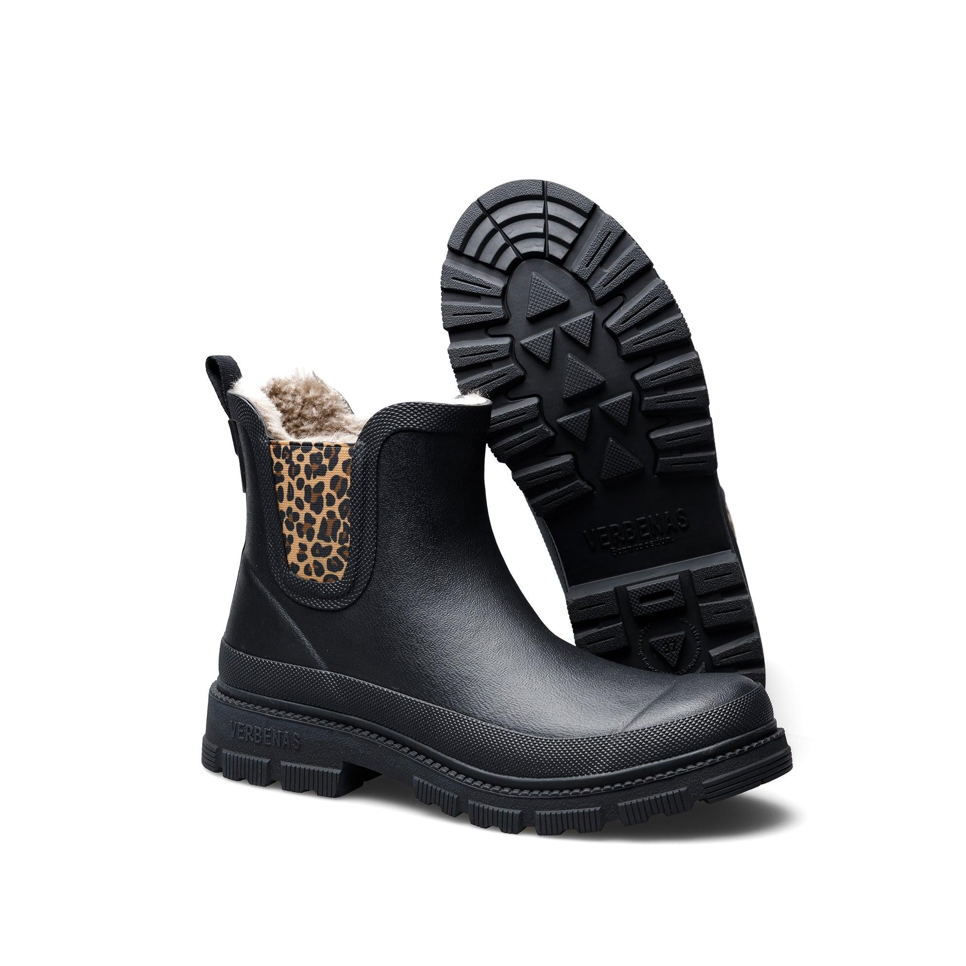 Verbenas Lua Fur Lined women's Black Waterproof Chelsea Boots with Leopard Print Gusset, sole tread view.