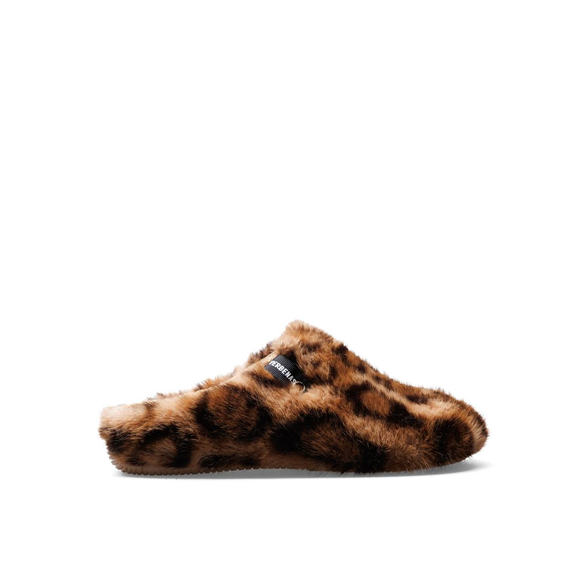 Verbenas York Feline women's Leopard Print Slippers, side view.