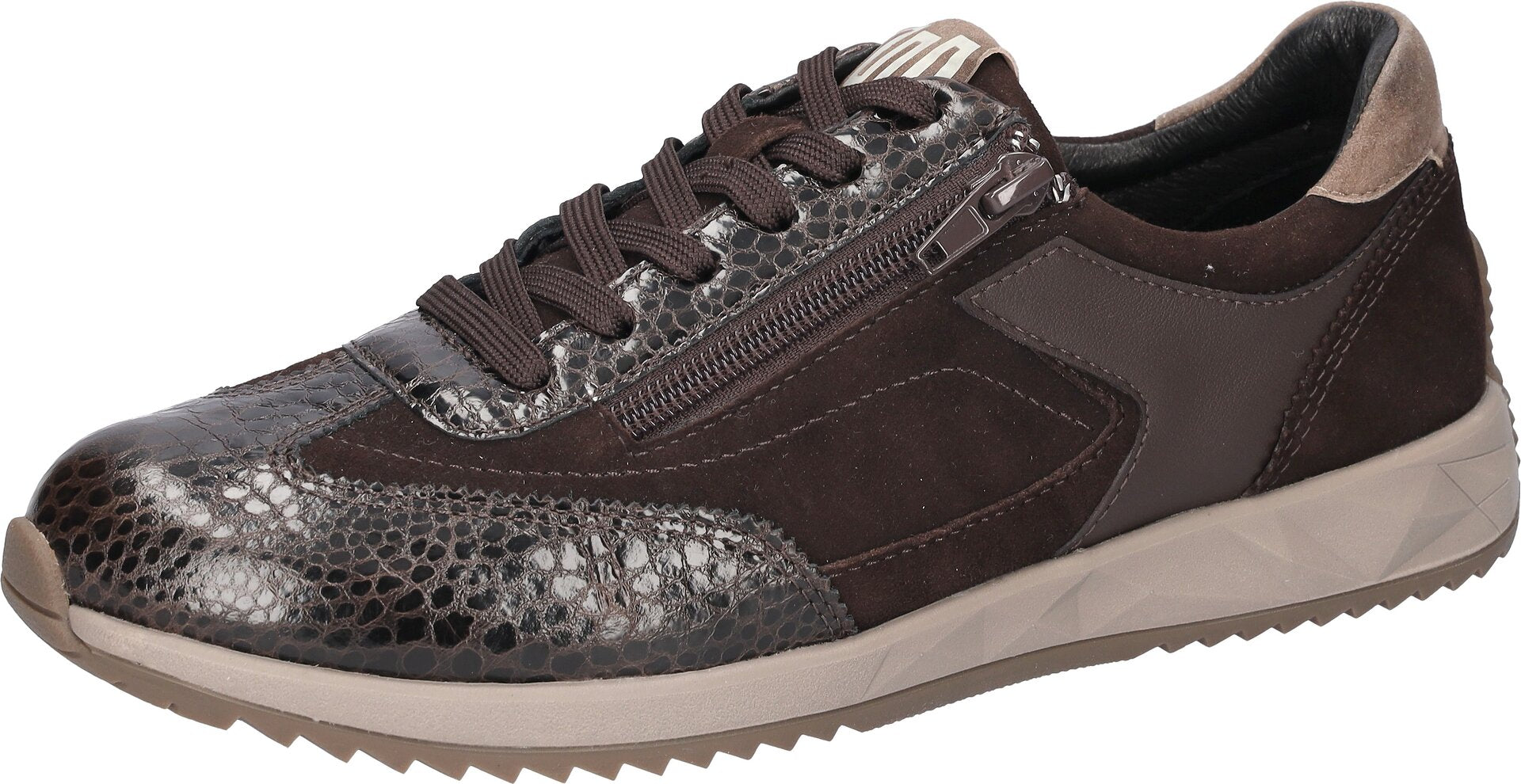 Waldlaufer 598002 102 192 H-Janett women's Wide Brown Leather Arch Support Zip & Lace Trainers, inner side view.