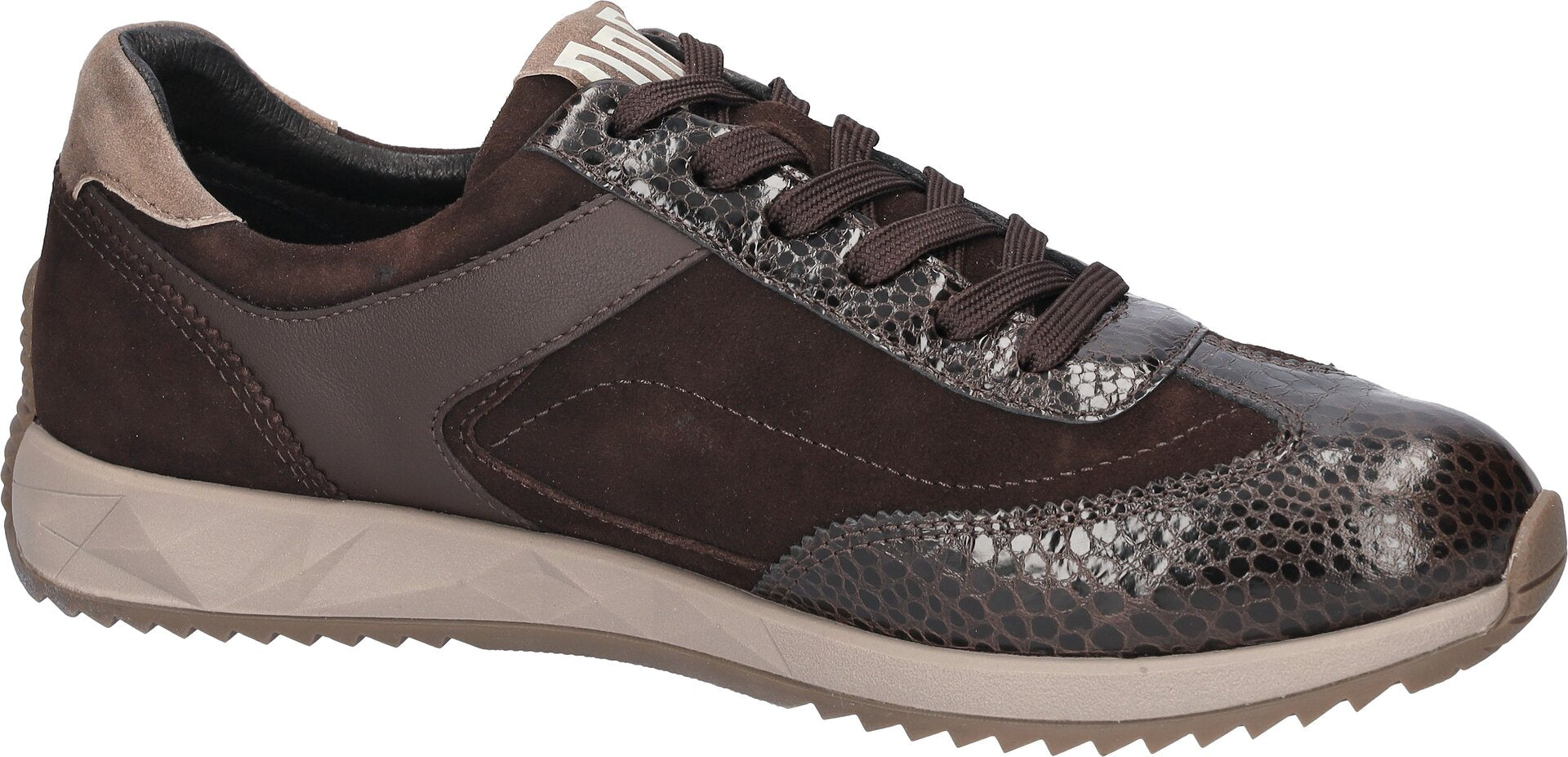 Waldlaufer 598002 102 192 H-Janett women's Wide Brown Leather Arch Support Zip & Lace Trainers, rear three-quarter view.