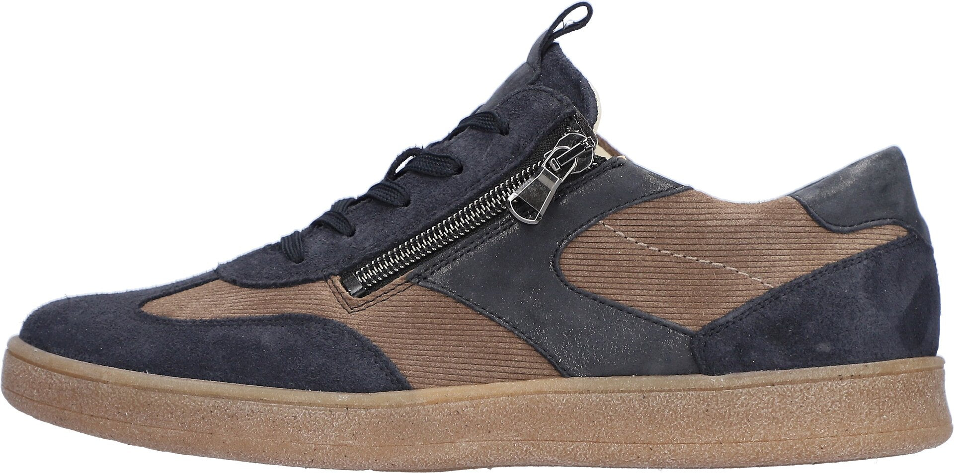 Waldlaufer 704005 406 519 H-Daisy women's Wide Navy Blue/Beige Suede Arch Support Zip & Lace Trainers, front three-quarter.