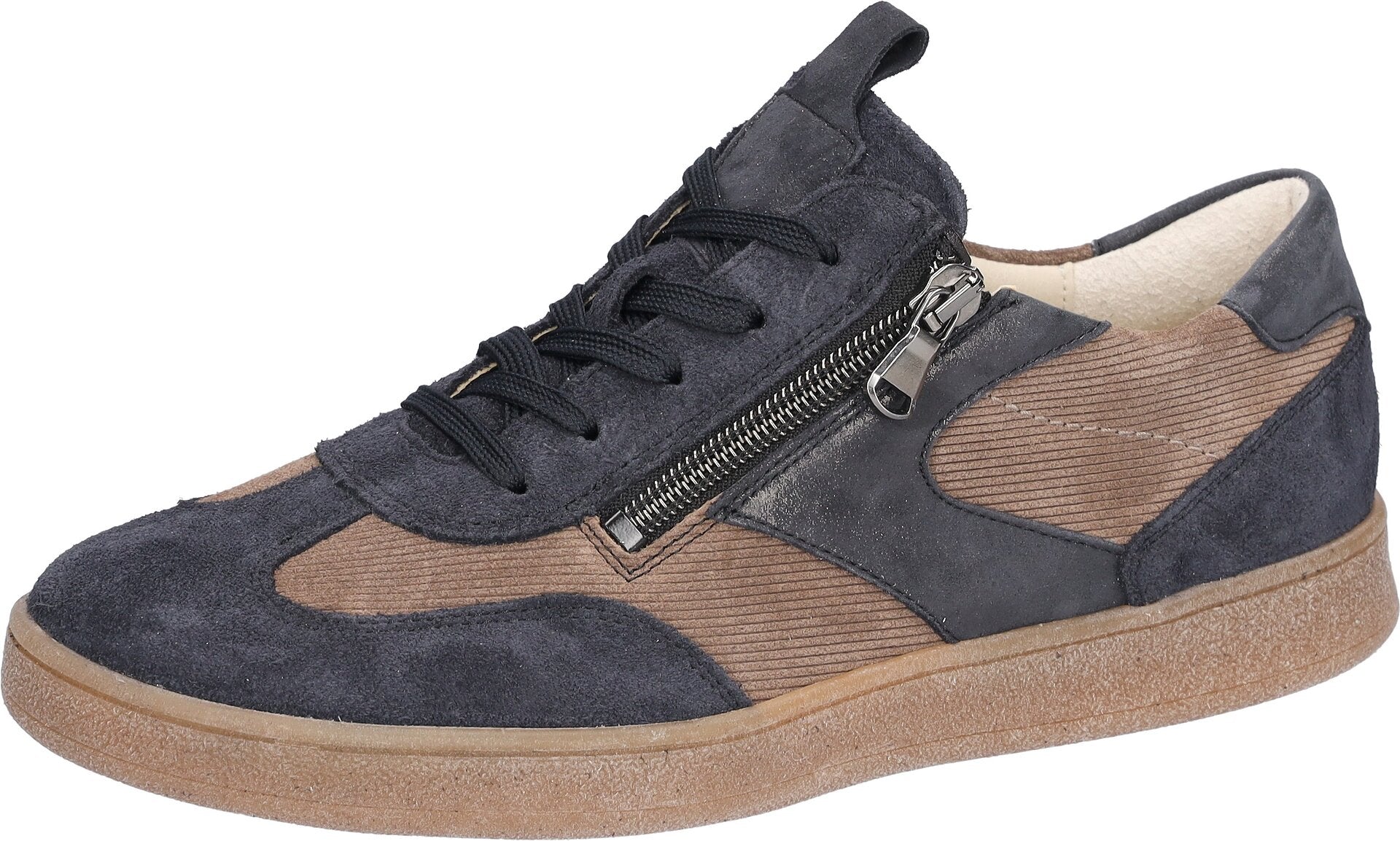 Waldlaufer 704005 406 519 H-Daisy women's Wide Navy Blue/Beige Suede Arch Support Zip & Lace Trainers, inner side view.