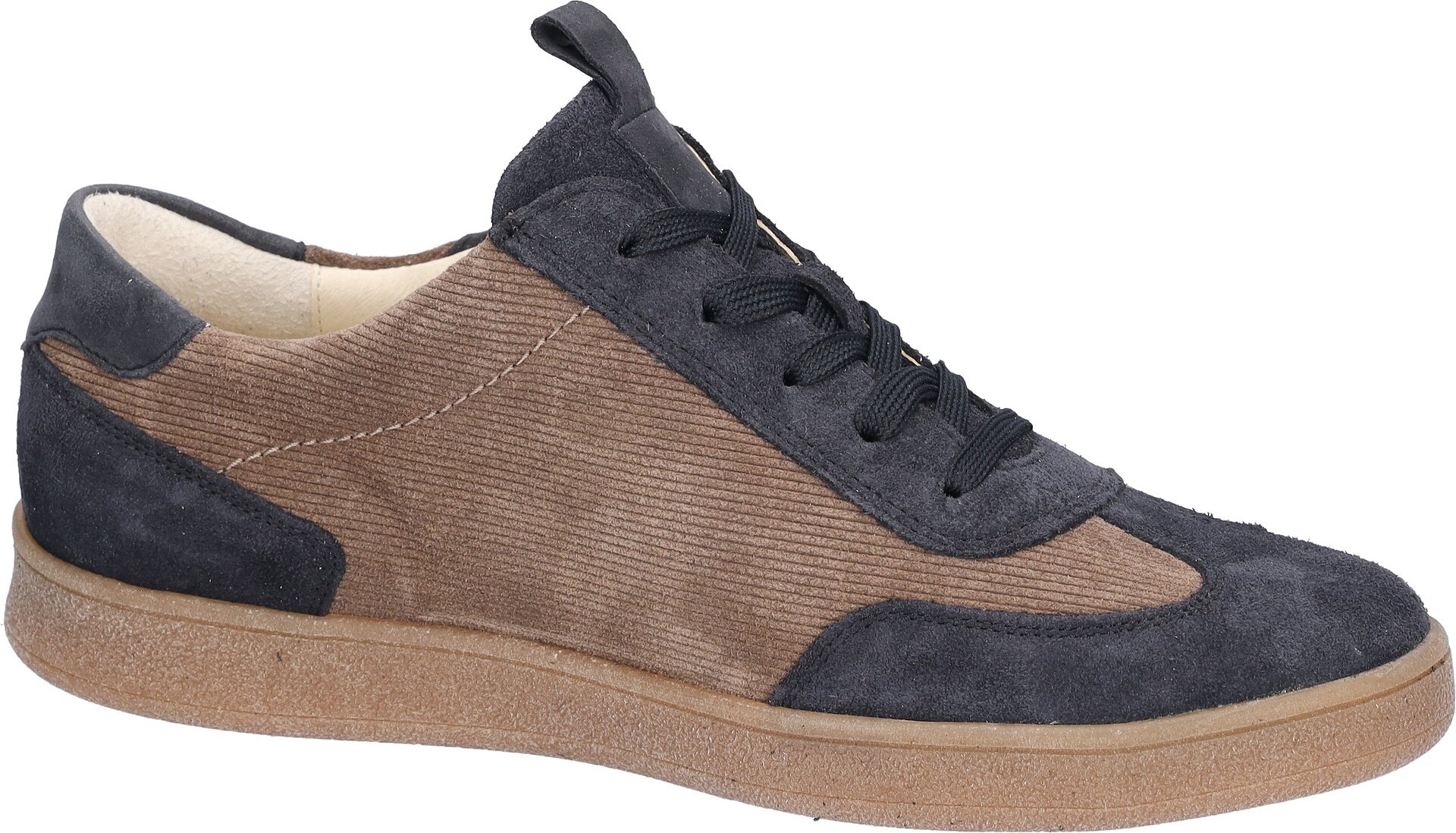 Waldlaufer 704005 406 519 H-Daisy women's Wide Navy Blue/Beige Suede Arch Support Zip & Lace Trainers, rear three-quarter.